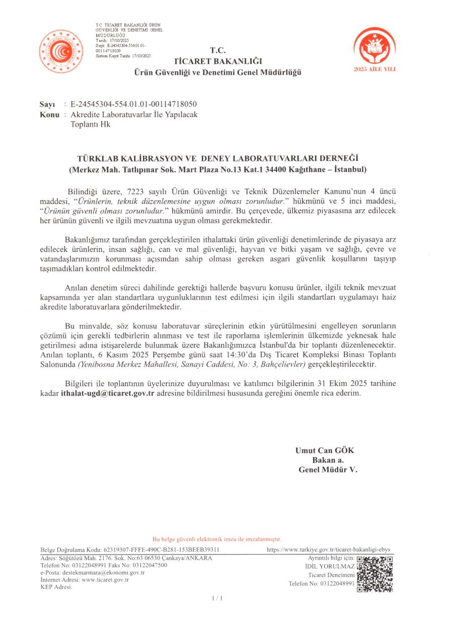 T.C. Ticaret Bakanlığı’ndan Akredite Laboratuvarlarla Toplantı Duyurusu